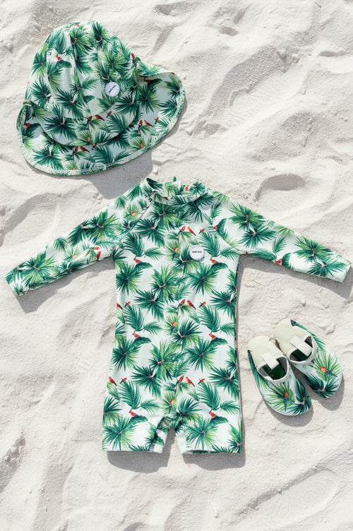 Baby Beach Collection - Parrot Talk | Swimsuit, Hat & Shoes