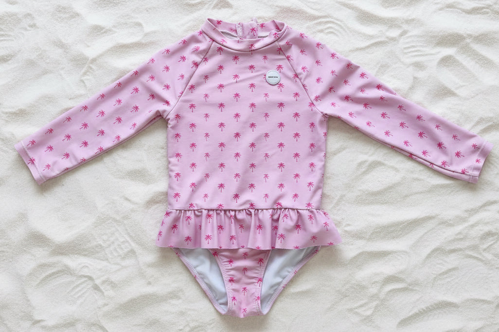 GIRLS SWIMSUIT FRILLS - Pink Palm