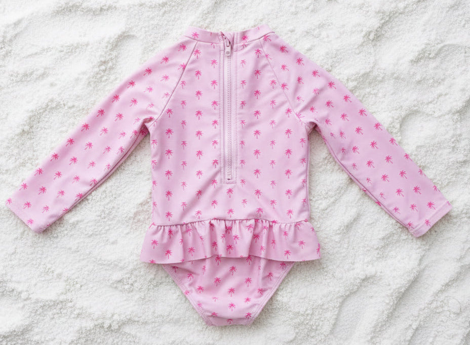 GIRLS SWIMSUIT FRILLS - Pink Palm