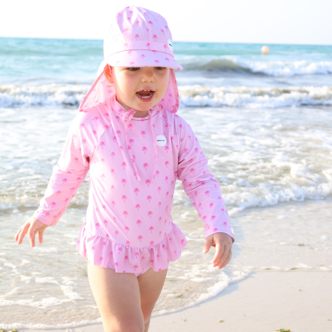 GIRLS SWIMSUIT FRILLS - Pink Palm